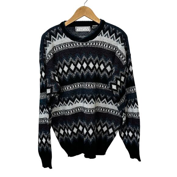 VINTAGE Michael Gerald Sweater Mens Large Geometric Grandpa Pullover‎ 90s Nordic - Picture 1 of 5